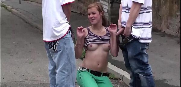  Street sex with a cute teen girl Alexis Crystal and 2 young guys in public orgy